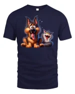 Funny Dog and Cat Duo Laugh Out Loud Cartoon Tee - navy t-shirt on white background
