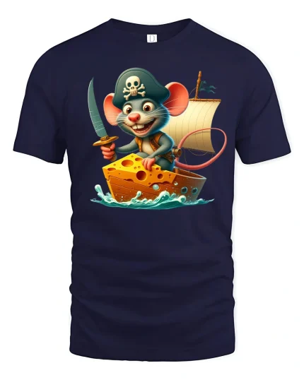 Funny Pirate Mouse Sailing Cheese Ship Cartoon Tee - navy t-shirt on white background