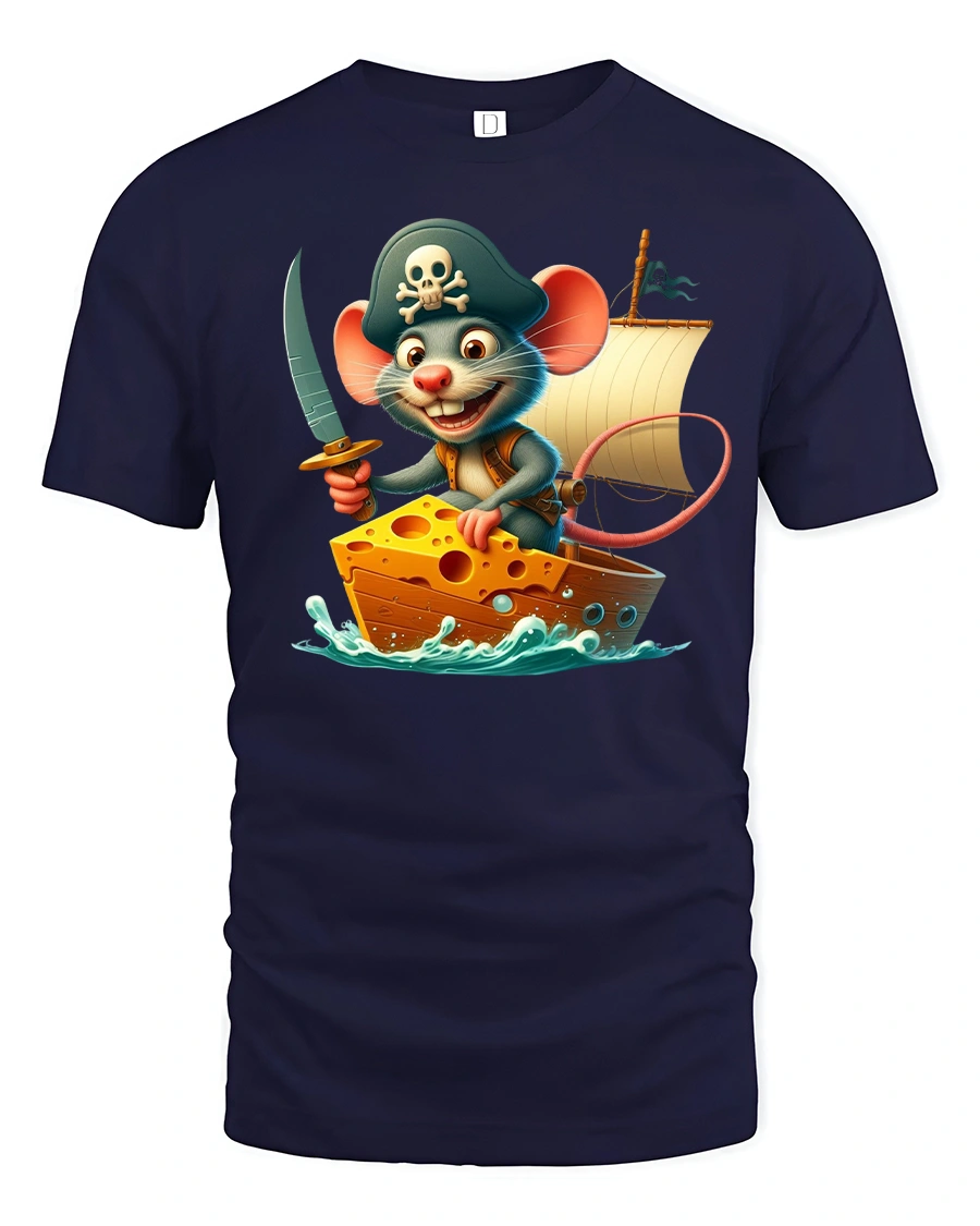 Funny Pirate Mouse Sailing Cheese Ship Cartoon Tee - 1 Funny Pirate Mouse Sailing Cheese Ship Cartoon Tee - navy t-shirt on white background