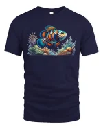 Vibrant Clownfish Coral Reef Ocean Art Graphic Tee - navy t-shirt on white background