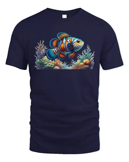 Vibrant Clownfish Coral Reef Ocean Art Graphic Tee - navy t-shirt on white background