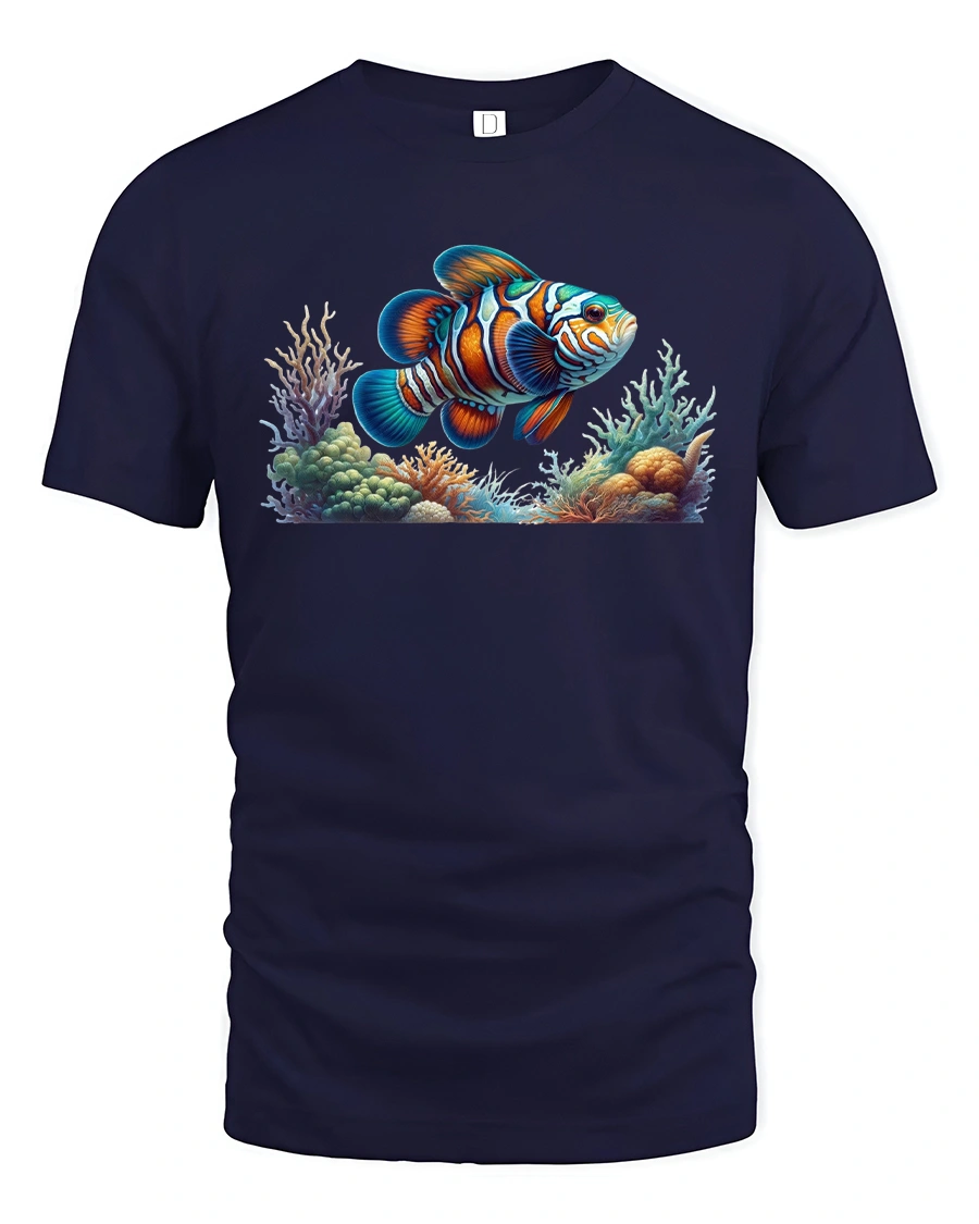 Vibrant Clownfish Coral Reef Ocean Art Graphic Tee - 1 Vibrant Clownfish Coral Reef Ocean Art Graphic Tee - navy t-shirt on white background