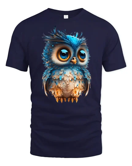 Cute Blue Owl Big Eyes Adorable Bird Graphic Tee - navy t-shirt on white background