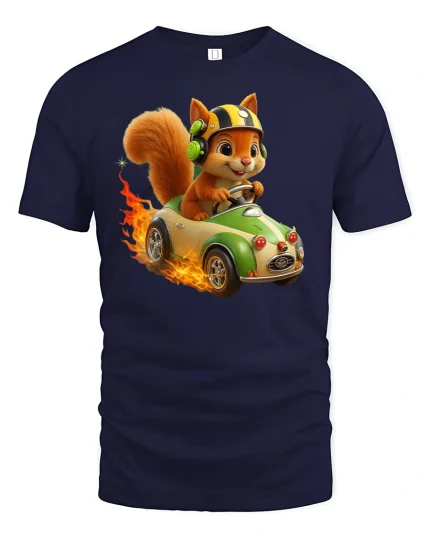 Funny Racing Squirrel Fast Car Driver Cartoon Tee - navy t-shirt on white background
