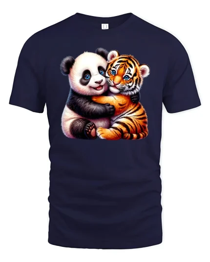 Cute Panda and Tiger Friends Hugging Animal Graphic Tee - navy t-shirt on white background