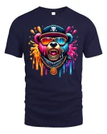 Colorful Hip Hop Bear Dripping Art Graphic T-Shirt - navy t-shirt on white background