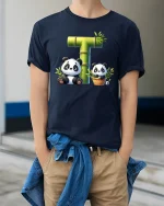 Cute Panda Bamboo Letter T Funny Animal Graphic Tee - model wearing navy tee with hands in pockets