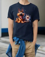 Funny Dog and Cat Duo Laugh Out Loud Cartoon Tee - model wearing navy tee with hands in pockets