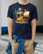 Funny Pirate Mouse Sailing Cheese Ship Cartoon Tee - model wearing navy tee with hands in pockets