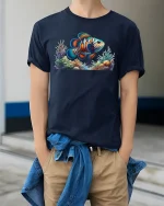 Vibrant Clownfish Coral Reef Ocean Art Graphic Tee - model wearing navy tee with hands in pockets