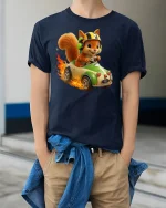 Funny Racing Squirrel Fast Car Driver Cartoon Tee - model wearing navy tee with hands in pockets