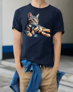 Cool Business Cat Wearing Tie Funny Office Style Tee - model wearing navy tee with hands in pockets