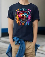 Colorful Hip Hop Bear Dripping Art Graphic T-Shirt - model wearing navy tee with hands in pockets