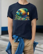 Vibrant Tropical Fish Ocean Reef Art Graphic Tee - model wearing navy tee with hands in pockets