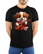 Cute Puppy Playing Guitar Funny Music Lover Tee - model wearing black tee with hands behind back