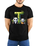 Cute Panda Bamboo Letter T Funny Animal Graphic Tee - model wearing black tee with hands behind back