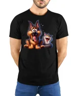 Funny Dog and Cat Duo Laugh Out Loud Cartoon Tee - model wearing black tee with hands behind back