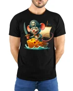 Funny Pirate Mouse Sailing Cheese Ship Cartoon Tee - model wearing black tee with hands behind back