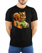 Funny Racing Squirrel Fast Car Driver Cartoon Tee - model wearing black tee with hands behind back