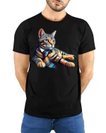 Cool Business Cat Wearing Tie Funny Office Style Tee - model wearing black tee with hands behind back