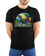 Vibrant Tropical Fish Ocean Reef Art Graphic Tee - model wearing black tee with hands behind back