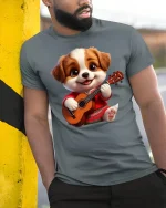 Cute Puppy Playing Guitar Funny Music Lover Tee - model wearing grey tee, leaning on column