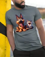 Funny Dog and Cat Duo Laugh Out Loud Cartoon Tee - model wearing grey tee, leaning on column