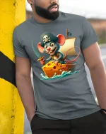 Funny Pirate Mouse Sailing Cheese Ship Cartoon Tee - model wearing grey tee, leaning on column