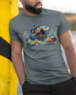 Vibrant Clownfish Coral Reef Ocean Art Graphic Tee - model wearing grey tee, leaning on column