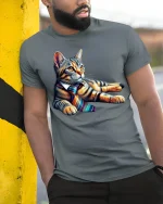 Cool Business Cat Wearing Tie Funny Office Style Tee - model wearing grey tee, leaning on column