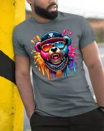 Colorful Hip Hop Bear Dripping Art Graphic T-Shirt - model wearing grey tee, leaning on column