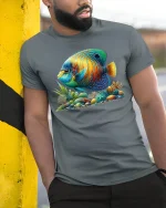 Vibrant Tropical Fish Ocean Reef Art Graphic Tee - model wearing grey tee, leaning on column