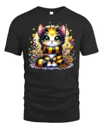 Cute Autumn Cat With Scarf Cozy Fall Graphic T-Shirt - black t-shirt on white background