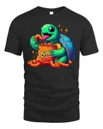 Funny Snack Turtle Eating Chips Cartoon Graphic Tee - black t-shirt on white background