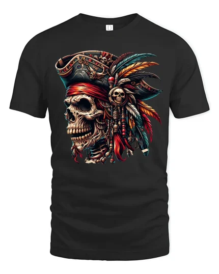 Pirate Skull Captain Feathered Hat Gothic Art T-Shirt - black t-shirt on white background