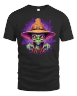 Alien Wizard Magic Spell Cosmic Art Graphic T-Shirt - black t-shirt on white background