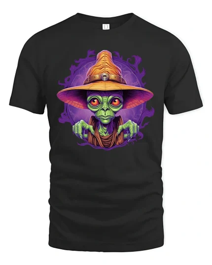 Alien Wizard Magic Spell Cosmic Art Graphic T-Shirt - black t-shirt on white background