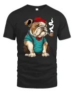 Gentleman Bulldog Funny Pipe Smoking Graphic T-Shirt - black t-shirt on white background