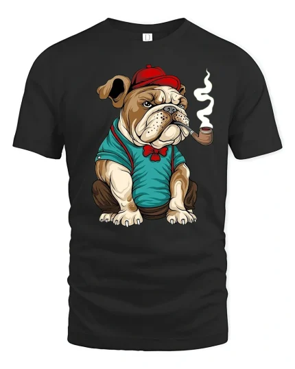 Gentleman Bulldog Funny Pipe Smoking Graphic T-Shirt - black t-shirt on white background