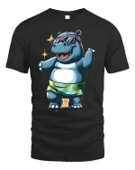 Funny Beach Hippo Sunglasses Summer Vibe Graphic Tee - black t-shirt on white background