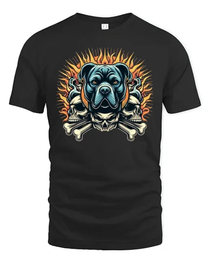 Fierce Dog Skull Fire Flame Biker Style Graphic Tee - black t-shirt on white background