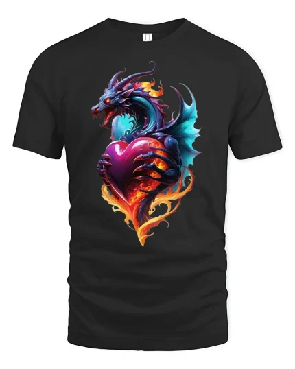 Fiery Dragon Heart Love Flame Fantasy Art T-Shirt - black t-shirt on white background