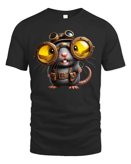 Funny Steampunk Mouse Big Goggles Inventor T-Shirt - black t-shirt on white background