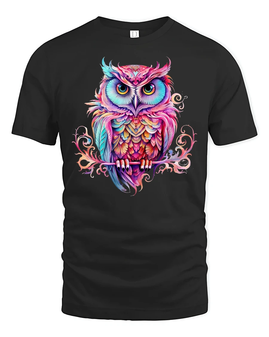 Colorful Owl Art Psychedelic Style Graphic T-Shirt - 1 Colorful Owl Art Psychedelic Style Graphic T-Shirt - black t-shirt on white background