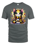 Cute Autumn Cat With Scarf Cozy Fall Graphic T-Shirt - gray t-shirt on white background