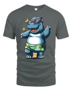 Funny Beach Hippo Sunglasses Summer Vibe Graphic Tee - gray t-shirt on white background