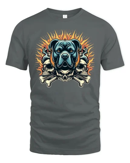 Fierce Dog Skull Fire Flame Biker Style Graphic Tee - gray t-shirt on white background