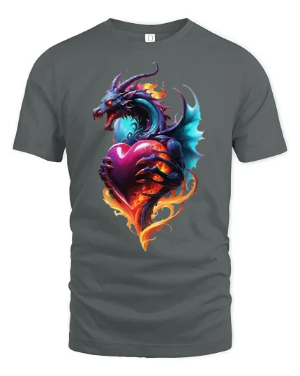 Fiery Dragon Heart Love Flame Fantasy Art T-Shirt - gray t-shirt on white background