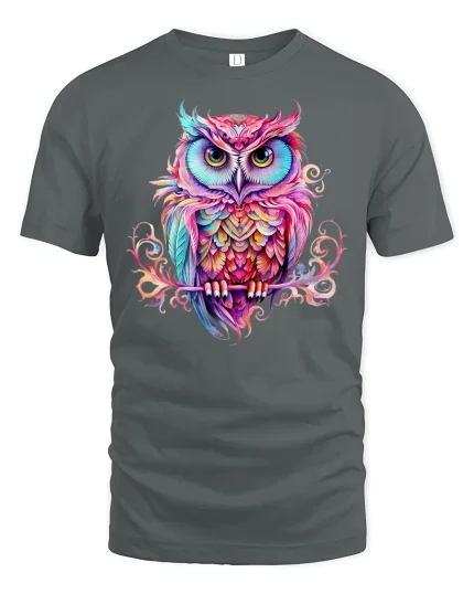 Colorful Owl Art Psychedelic Style Graphic T-Shirt - gray t-shirt on white background
