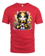Cute Autumn Cat With Scarf Cozy Fall Graphic T-Shirt - red t-shirt on white background